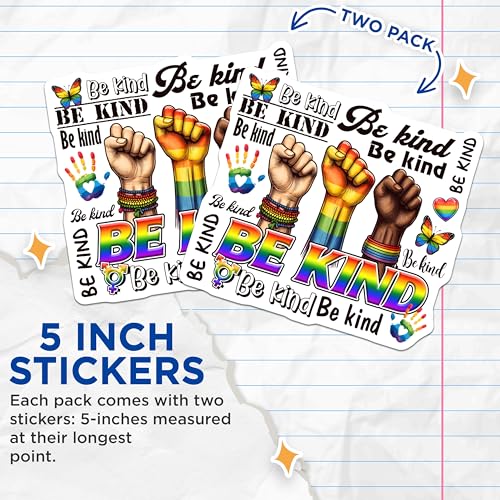 (2 Pack) Be Kind Stickers - Inspirational - LGBTQ Pride - 5" On Longest Side - Sticks to Smooth Flat Surfaces - Made in USA - BMCS8263
