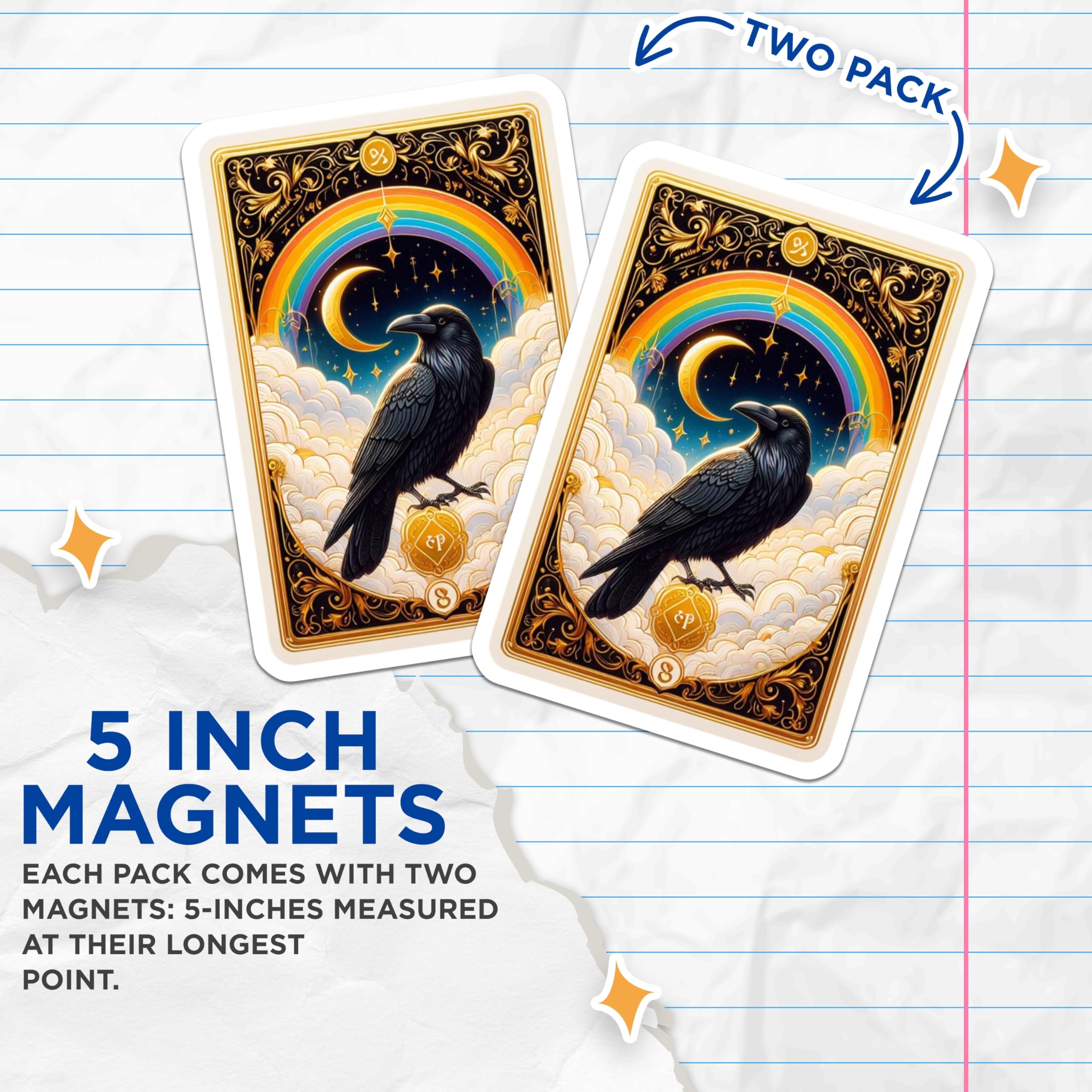 (2 Pack) Raven Crow Bird Magnets - Celestial Rainbow Moon Star Sky - Mystical Ornate Gold Art - Fantasy Gothic Witchy Decor - 5 Inches On Longest Side - Thick Durable Magnet - Made in USA - MAG21086