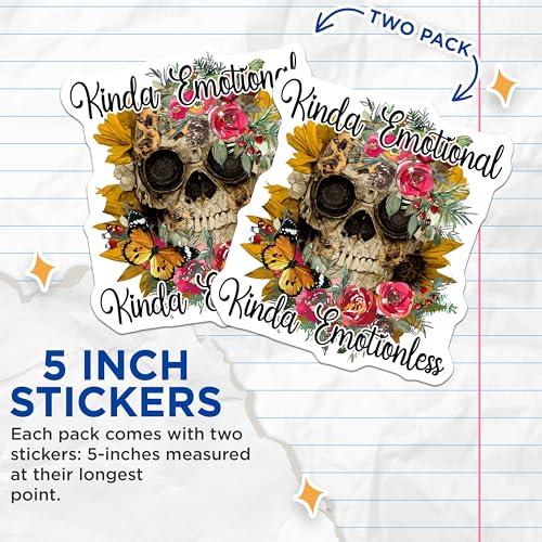 (2 Pack) Kinda Emotional Kinda Emotionless Stickers - Skull Stickers - Floral Butterfly Stickers - Halloween Stickers - 5" On Longest Side - Sticks to Smooth Flat Surfaces - Made in USA - BMCS5701