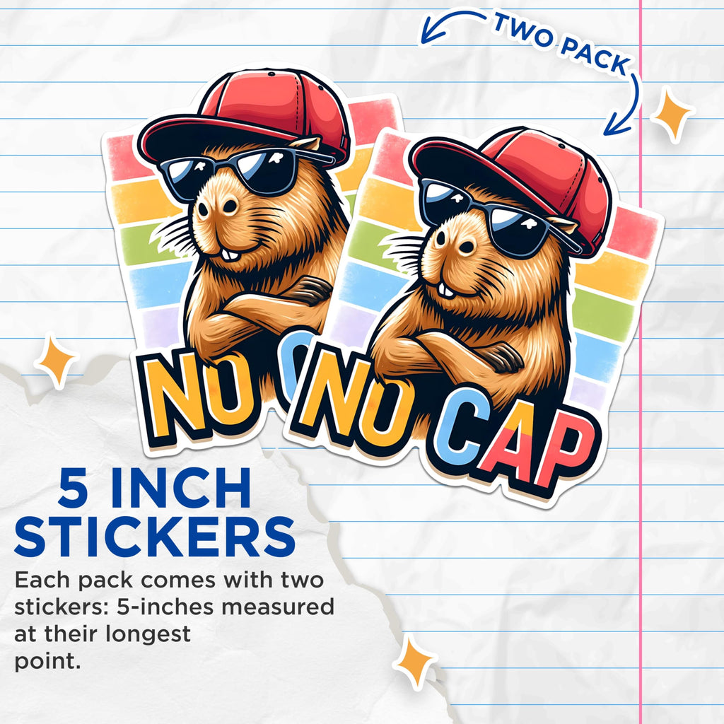 (2 Pack) Funny Animal Meme Stickers - Cool Capybara Stickers - No Cap Stickers for Laptop Water Bottle - 5" On Longest Side - Sticks to Any Smooth Flat Surface - Made in USA - BMCS2670