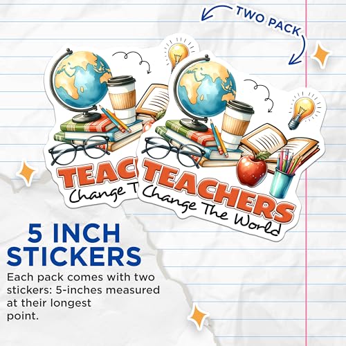 (2 Pack) Teachers Change The World Stickers - Teacher Appreciation - Motivational for Educators - 5" On Longest Side - Sticks to Smooth Flat Surfaces - Made in USA - BMCS8038