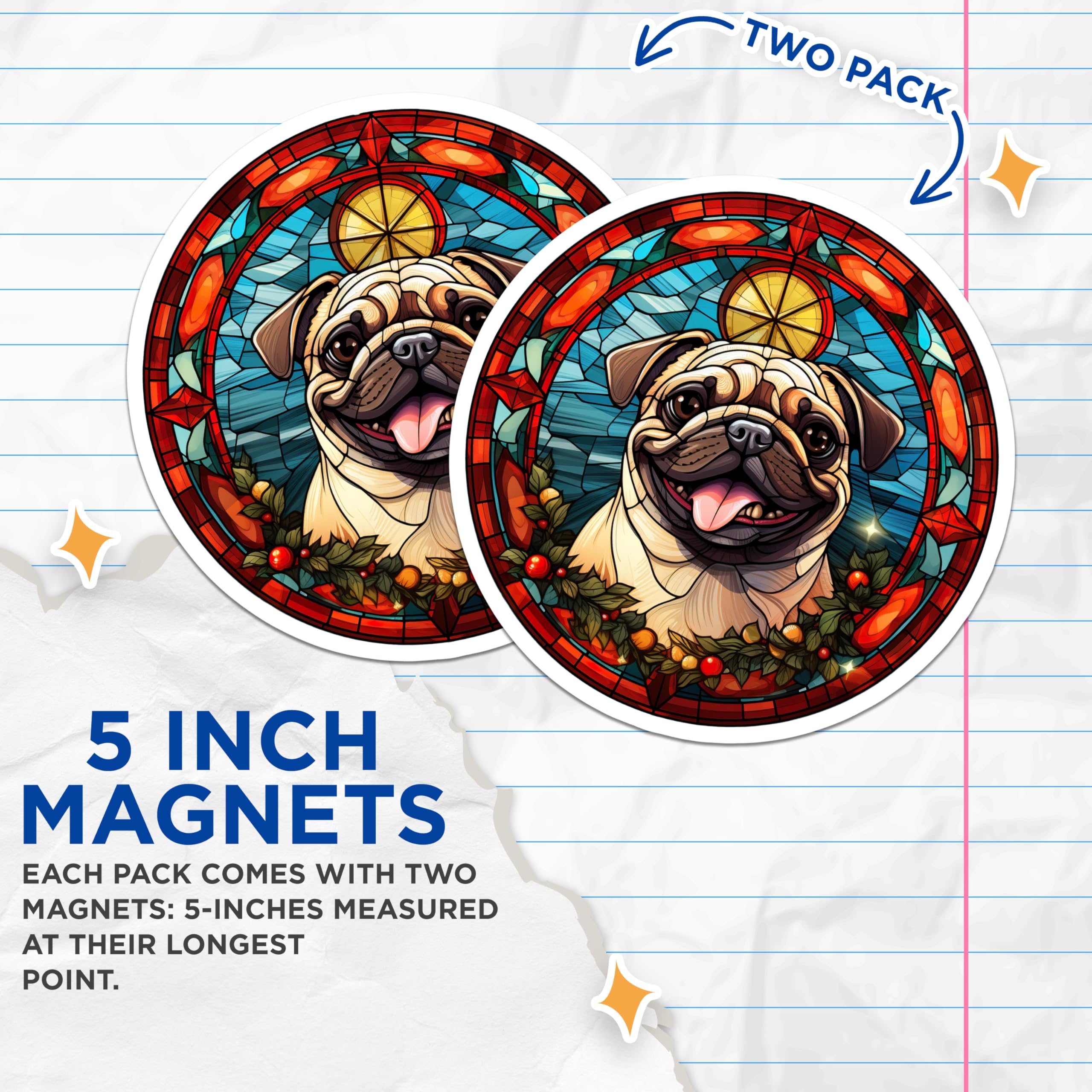 (2 Pack) Pug Stained Glass Magnets - Dog Lover Decor - Cute Animal Art - 5 Inches On Longest Side - Thick Durable Magnet - Made in USA - MAG25903