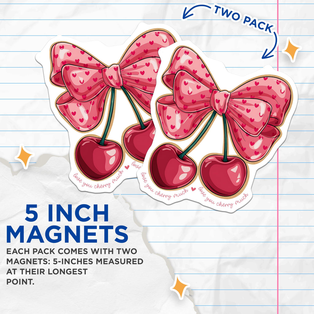 (2 Pack) Cherry Bow Magnets - Cute Kitchen Decor Magnets - Love You Cherry Much Magnets for Fridge - 5" On Longest Side - for Cars, Refrigerators, Toolboxes, Lockers - Made in USA BMCS3524