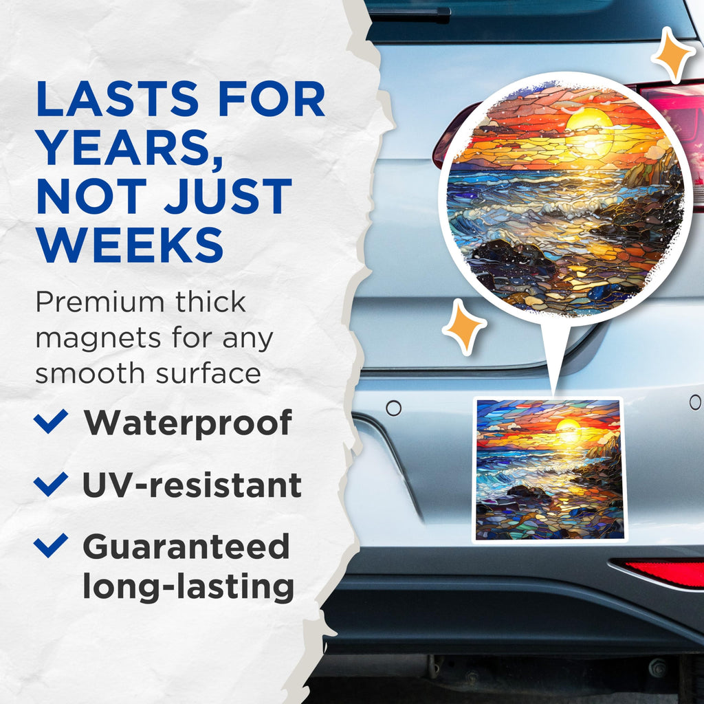 (2 Pack) Stained Glass Sunset Magnets - Ocean Waves Coastal Scene - Artistic Home Decor Fridge Art - 5 Inches On Longest Side - Thick Durable Magnet - Made in USA - MAG25026