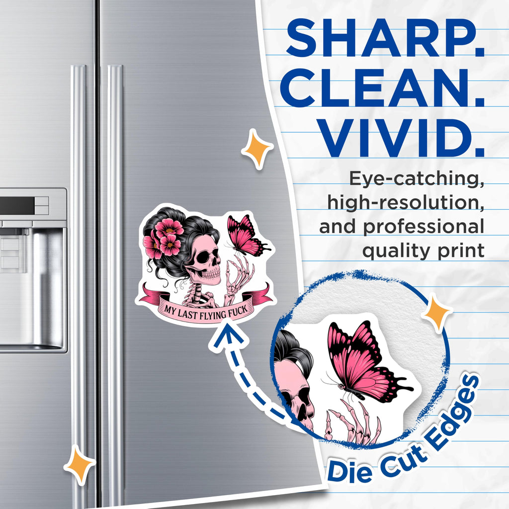 (2 Pack) Humorous Sarcastic Pink Skeleton Magnets - My Last Flying Fuck Quote - Gothic Floral Butterfly Skull Aesthetic Decor - 5 Inches On Longest Side - Thick Durable Magnet - Made in USA - MAG21492