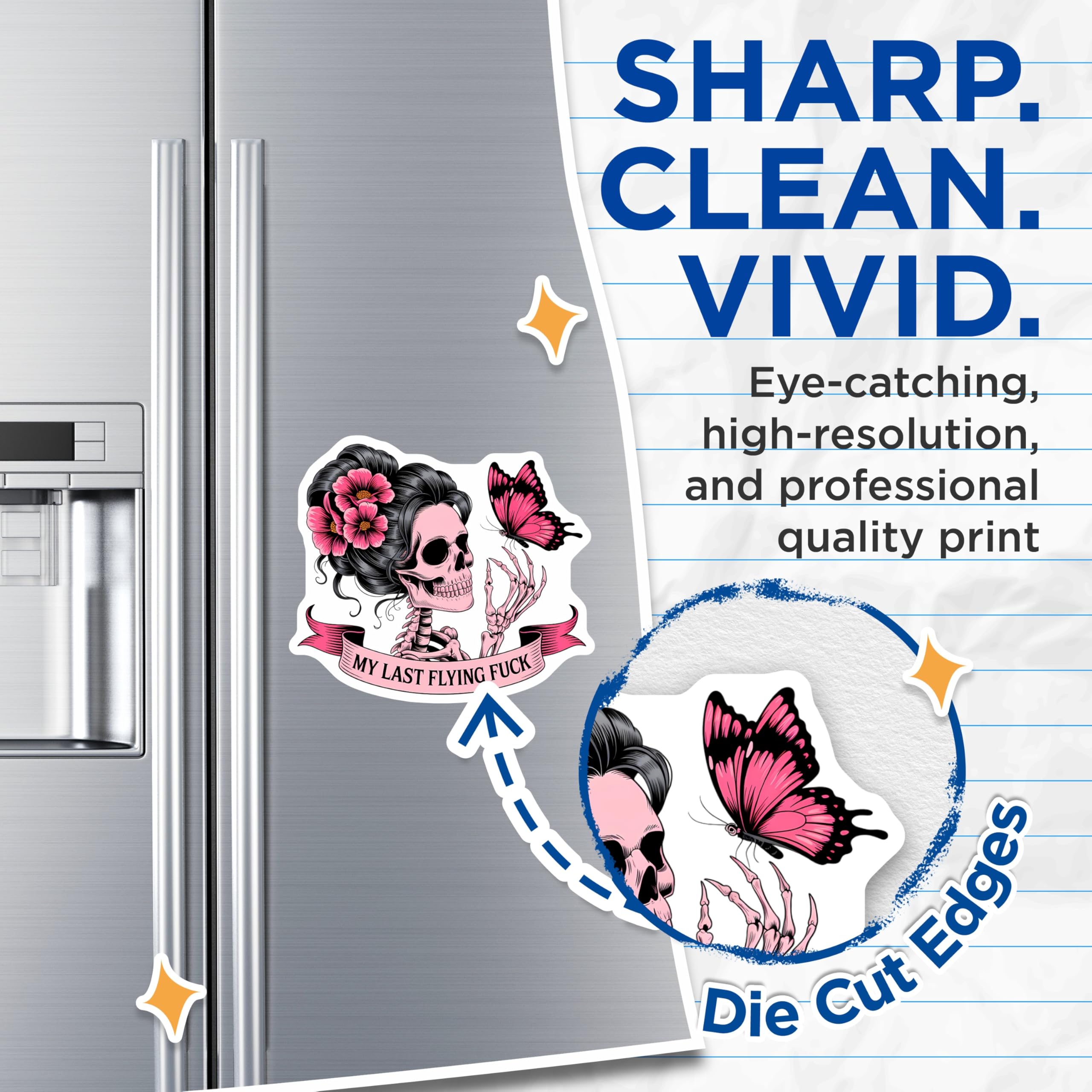 (2 Pack) Humorous Sarcastic Pink Skeleton Magnets - My Last Flying Fuck Quote - Gothic Floral Butterfly Skull Aesthetic Decor - 5 Inches On Longest Side - Thick Durable Magnet - Made in USA - MAG21492