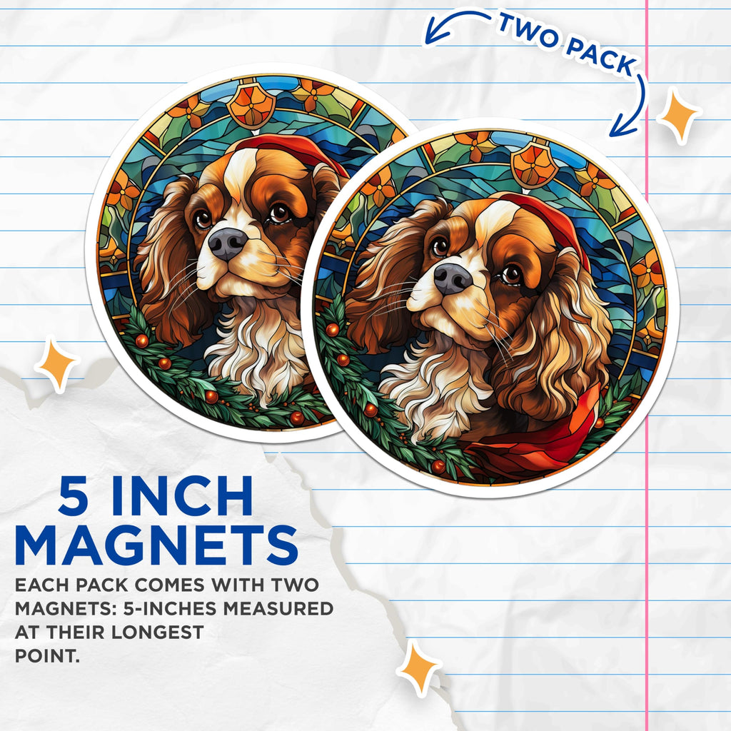 (2 Pack) Cavalier King Charles Magnets - Christmas Dog Decor - Stained Glass Pet Art - 5 Inches On Longest Side - Thick Durable Magnet - Made in USA - MAG28862