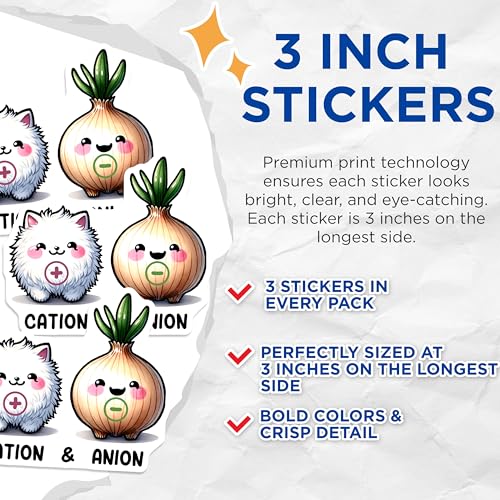 (3 Pack) Cation and Anion Decals - Chemistry Science Stickers - Cute Science Decal - 3 Inches On Longest Side - Easy Peel & Apply - Made in USA - 3MCS6794