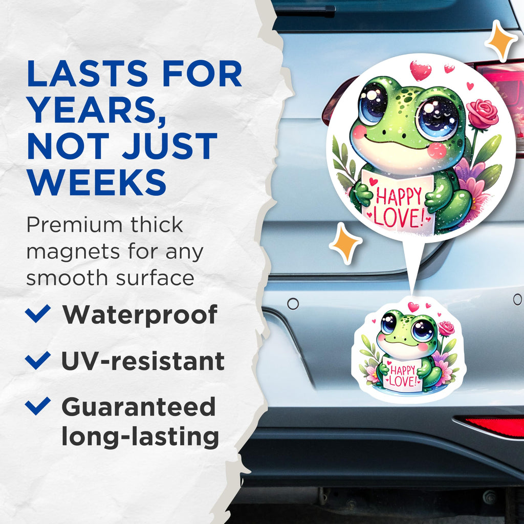(2 Pack) Cute Frog Magnets - Adorable Kawaii Amphibian Art with Happy Love Sign - Valentine's Day Refrigerator Locker Decor - 5 Inches On Longest Side - Thick Durable Magnet - Made in USA - MAG22784