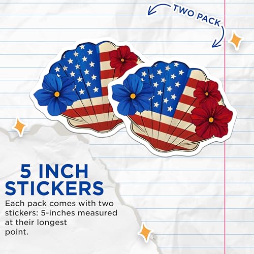 (2 Pack) American Flag Stickers - Patriotic Floral Shell - Red Blue Flowers Decor - 5" On Longest Side - Sticks to Smooth Flat Surfaces - Made in USA - BMCS8980