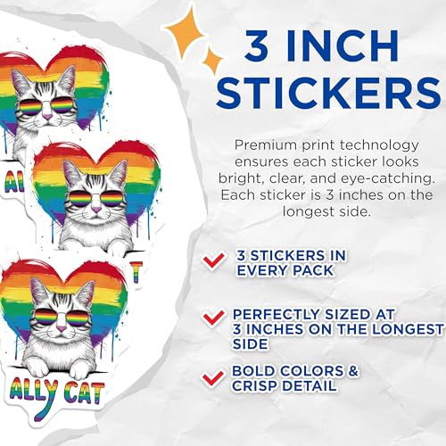 (3 Pack) Ally Cat Decals - LGBT Cat Decal - Rainbow Heart Laptop Decals - 3 Inches On Longest Side - Easy Peel & Apply - Made in USA - 3MCS8322