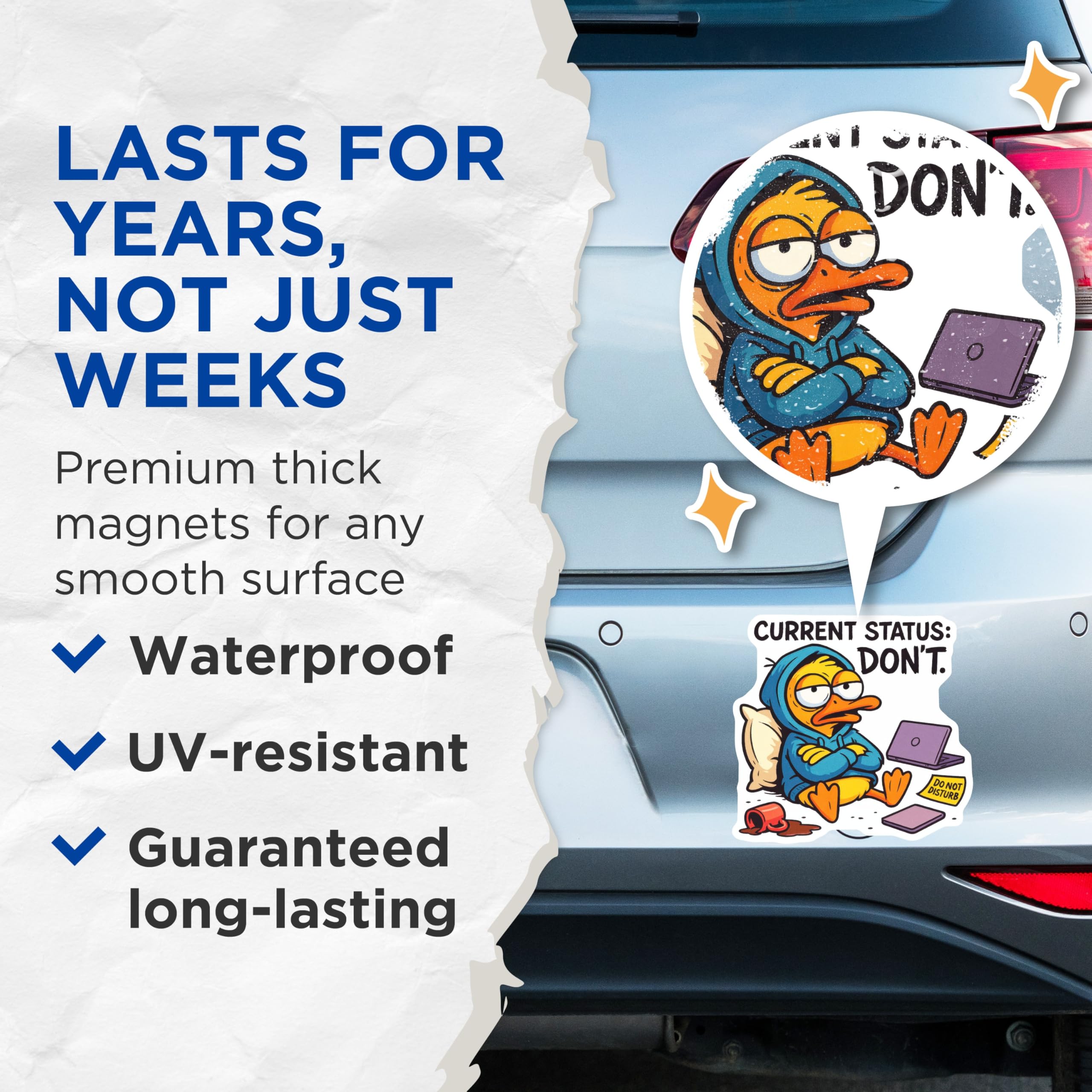 (2 Pack) Grumpy Duck Magnets - Current Status Dont Humor - Funny Sarcastic Mood Magnets - 5 Inches On Longest Side - Thick Durable Magnet - Made in USA - MAG20369