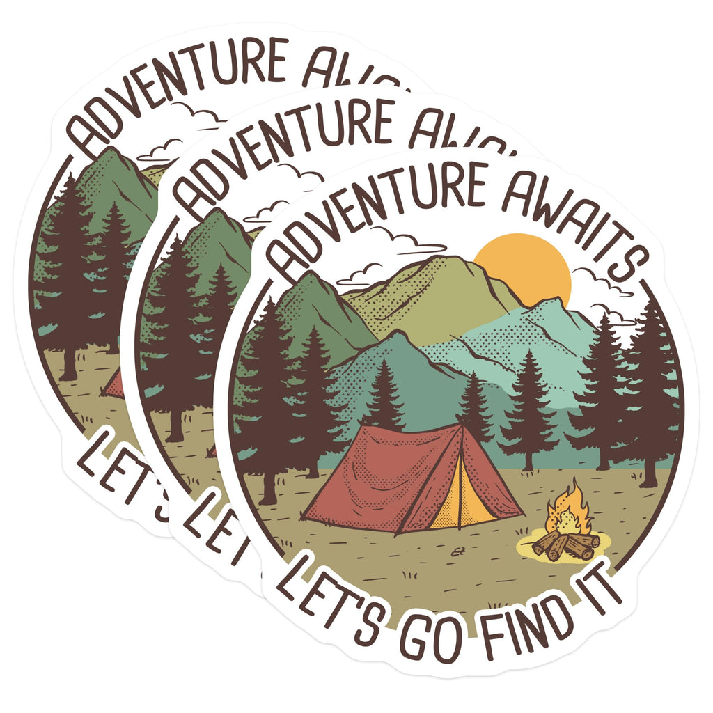 (3 Pack) Adventure Awaits Decals - Camping Laptop Decal - Lets Go Find It Stickers - 3 Inches On Longest Side - Easy Peel & Apply - Made in USA - 3MCS4615