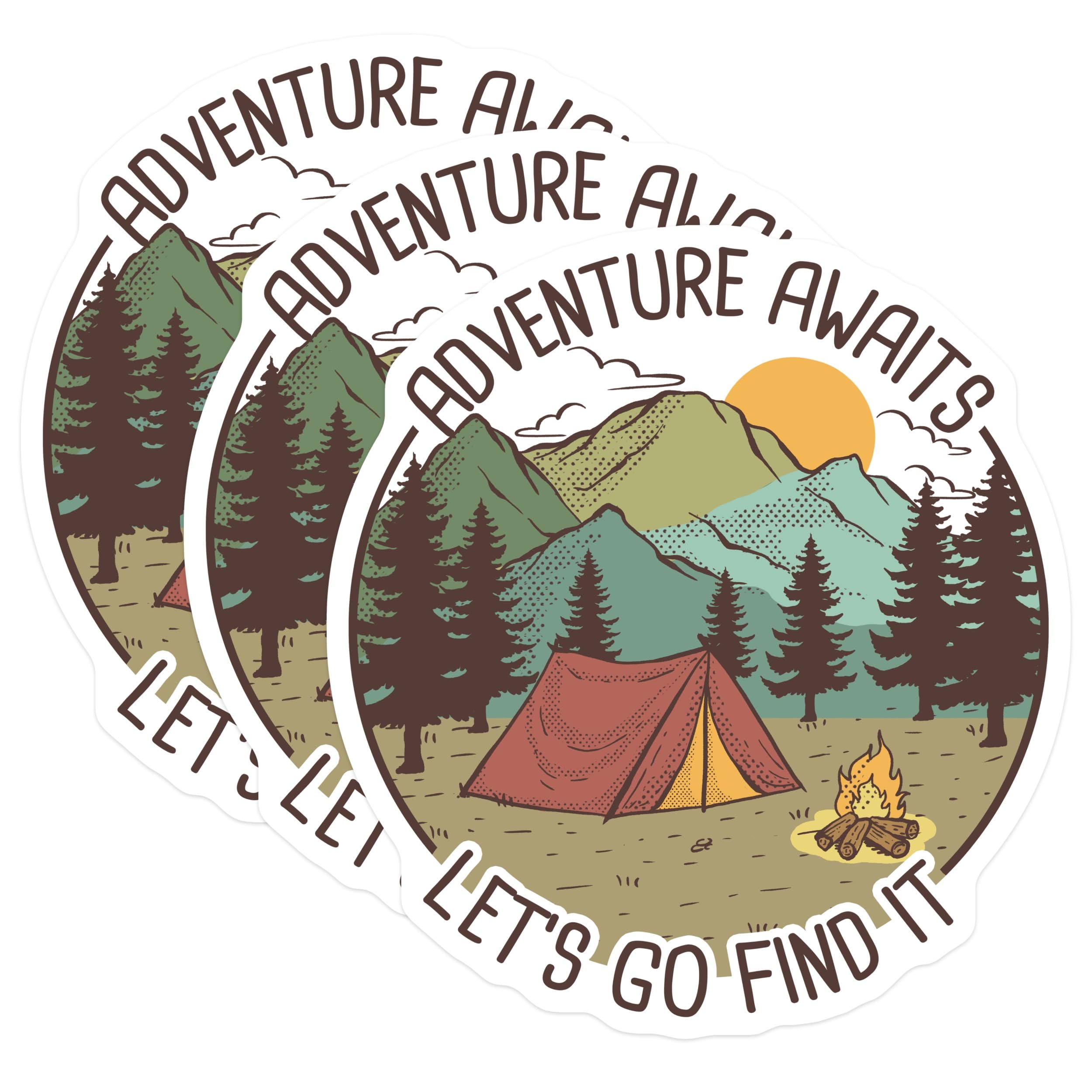 (3 Pack) Adventure Awaits Decals - Camping Laptop Decal - Lets Go Find It Stickers - 3 Inches On Longest Side - Easy Peel & Apply - Made in USA - 3MCS4615