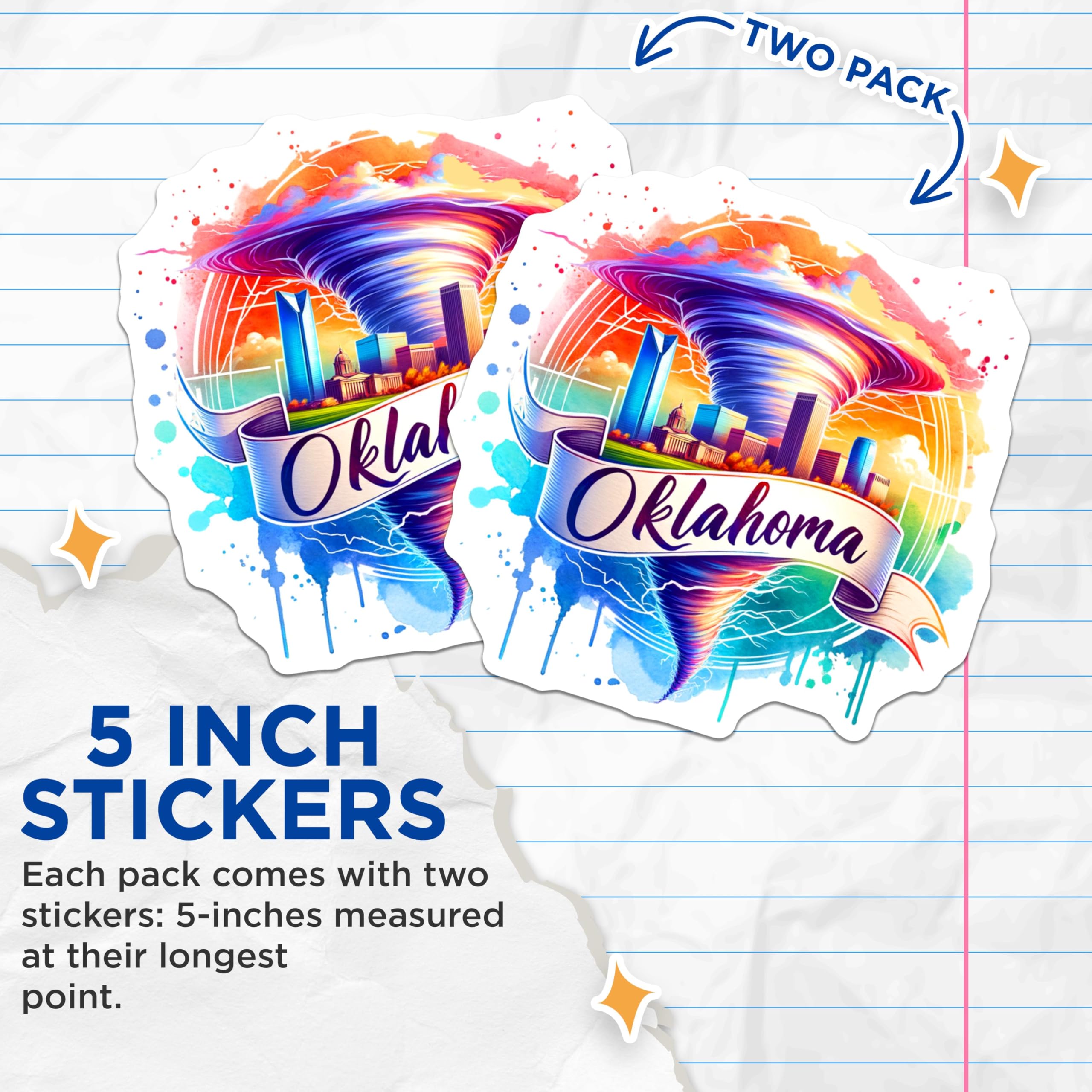 (2 Pack) Oklahoma City Stickers - Tornado Art - Colorful Cityscape Decals - 5" On Longest Side - Sticks to Smooth Flat Surfaces - Made in USA - BMCS6548