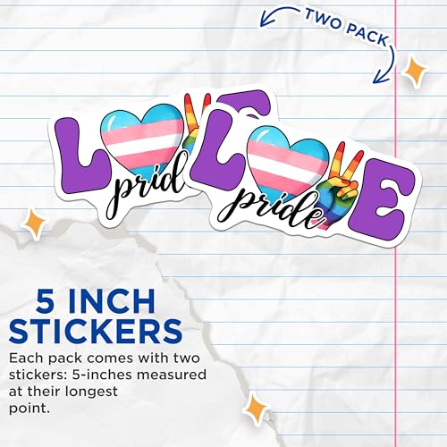 (2 Pack) Love Pride Stickers - Transgender Heart - Rainbow Peace Hand - 5" On Longest Side - Sticks to Smooth Flat Surfaces - Made in USA - BMCS8268