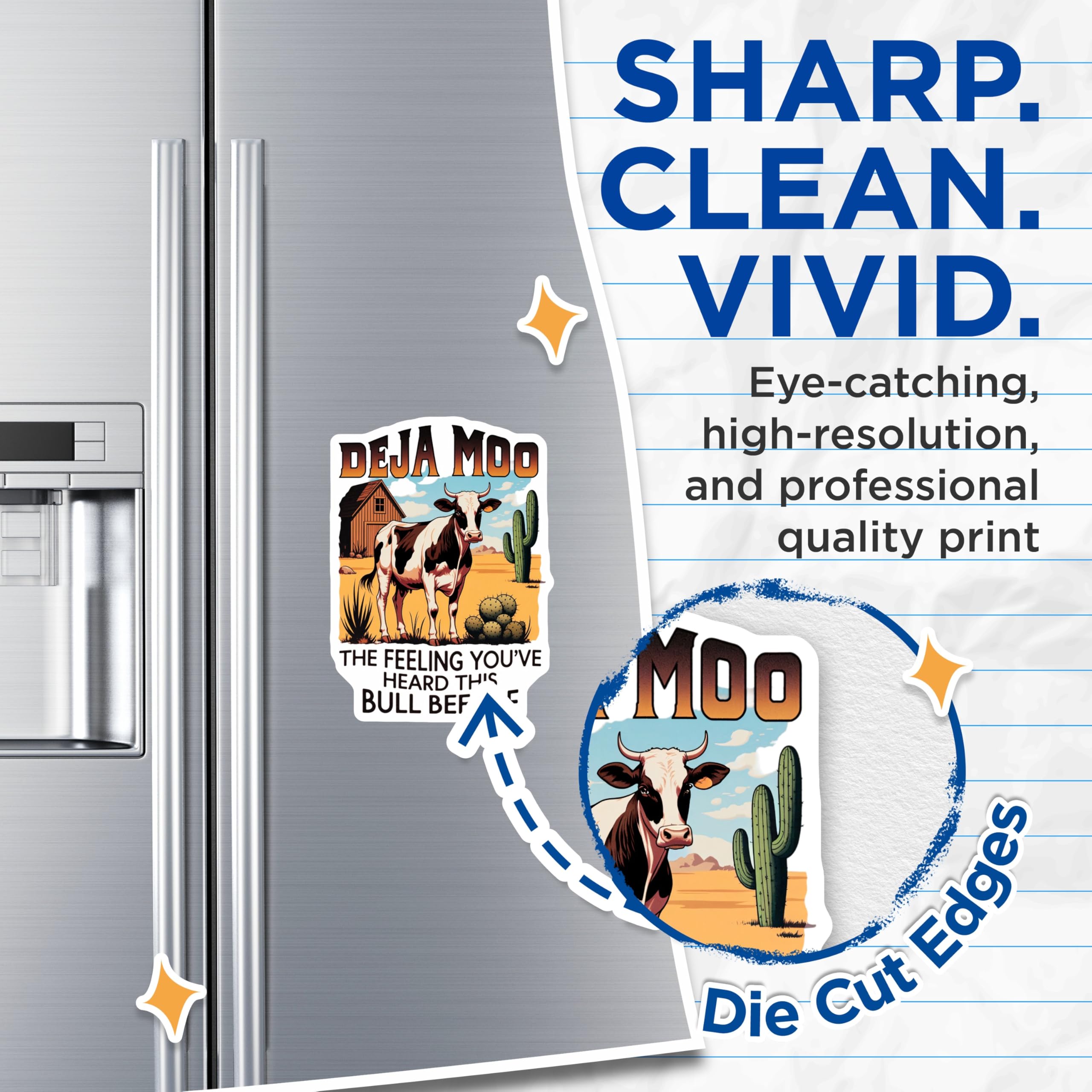 (2 Pack) Deja Moo Cow Magnets - Humorous Refrigerator Decor - Western Farmhouse Kitchen Accent - Punny Bull Quote Art - 5 Inches On Longest Side - Thick Durable Magnet - Made in USA - MAG21953