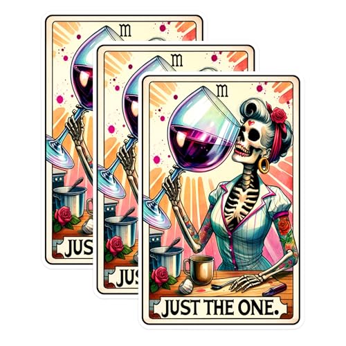 (3 Pack) Wine Skeleton Decals - Tarot Card - Just The One - Laptop Decal - 3 Inches On Longest Side - Easy Peel & Apply - Made in USA - 3MCS1414