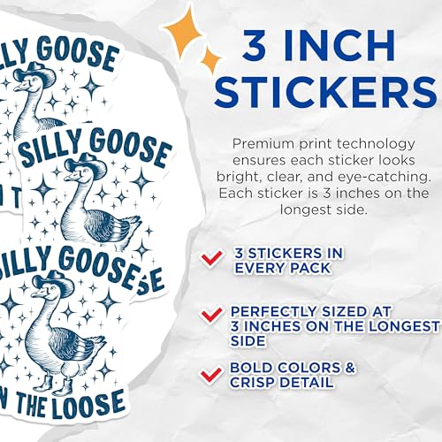 (3 Pack) Silly Goose Decals - Cowboy Goose - Funny Animal Stickers - 3 Inches On Longest Side - Easy Peel & Apply - Made in USA - 3MCS4626
