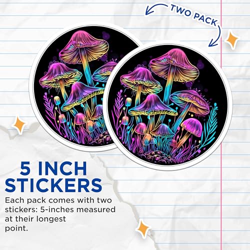 (2 Pack) Neon Glowing Mushroom Stickers - Psychedelic Fungi - Trippy Colorful Art - 5" On Longest Side - Sticks to Smooth Flat Surfaces - Made in USA - BMCS6848