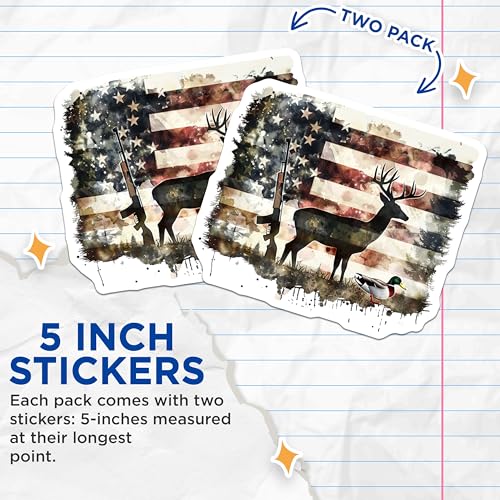 (2 Pack) Hunting Patriotic Stickers - American Flag Hunting Decal - Hunting Rifle Waterfowl Stickers - 5" On Longest Side - Sticks to Smooth Flat Surfaces - Made in USA - BMCS5904