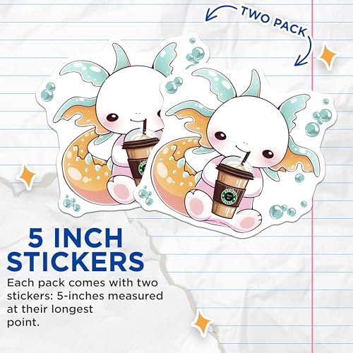 (2 Pack) Axolotl Coffee Stickers - Cute Axolotl Art - Kawaii Collection - 5" On Longest Side - Sticks to Smooth Flat Surfaces - Made in USA - BMCS7784