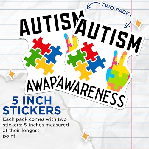 (2 Pack) Autism Awareness Stickers - Puzzle Piece Stickers - Peace Sign Stickers - 5" On Longest Side - Sticks to Smooth Flat Surfaces - Made in USA - BMCS4277