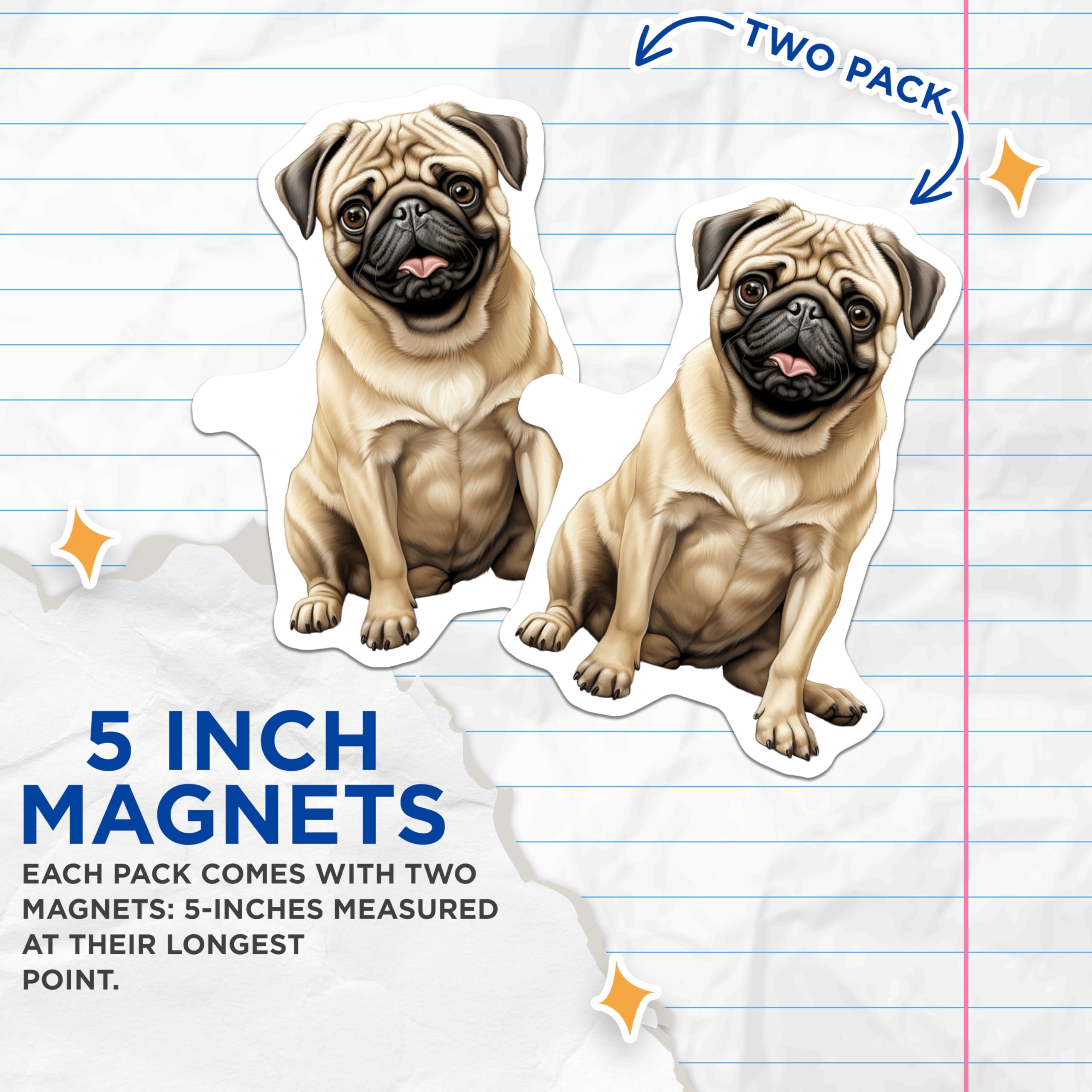 (2 Pack) Cute Pug Dog Magnets - Pet Lover Decor - Refrigerator Accent Piece - 5 Inches On Longest Side - Thick Durable Magnet - Made in USA - MAG27898