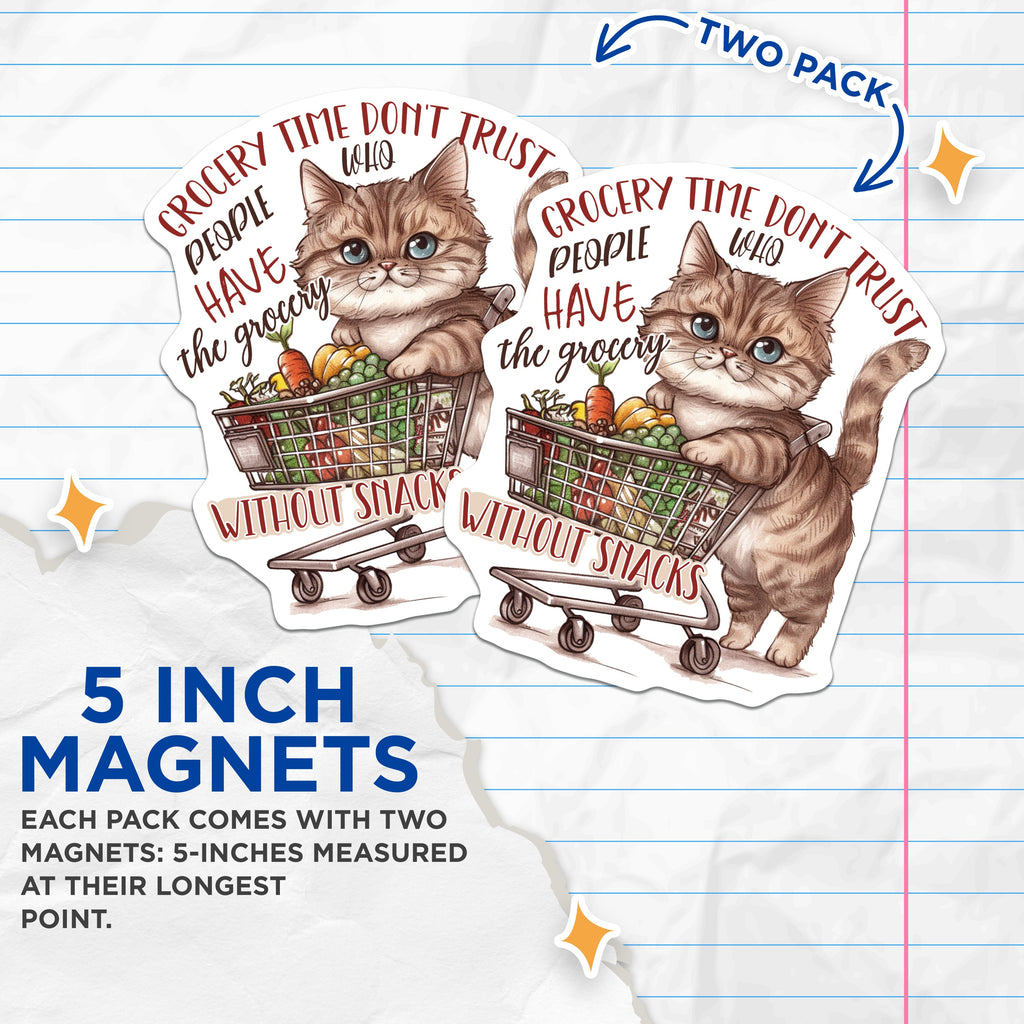 (2 Pack) Funny Cat Magnets - Grocery Snacker Art - Cute Pet Parent Refrigerator Decor - 5 Inches On Longest Side - Thick Durable Magnet - Made in USA - MAG38993