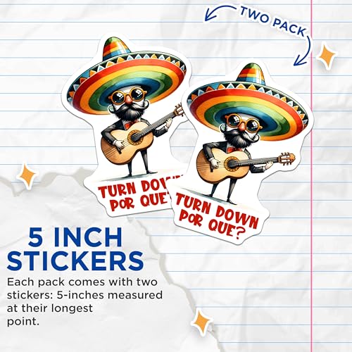 (2 Pack) Turn Down Por Que Stickers - Funny Mustache Guitar Player - Mexican Hat - 5" On Longest Side - Sticks to Smooth Flat Surfaces - Made in USA - BMCS8224