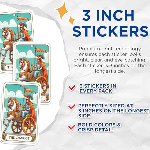 (3 Pack) Chariot Tarot Card Decals - Major Arcana Stickers - Laptop Decal - 3 Inches On Longest Side - Easy Peel & Apply - Made in USA - 3MCS1130