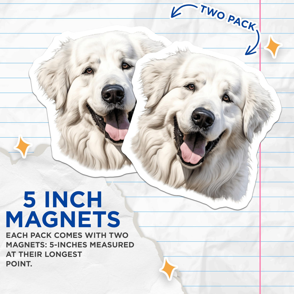 (2 Pack) Great Pyrenees Dog Magnets - Happy White Dog Art - Pet Lover Fridge Decor Dog Owner - 5 Inches On Longest Side - Thick Durable Magnet - Made in USA - MAG28984