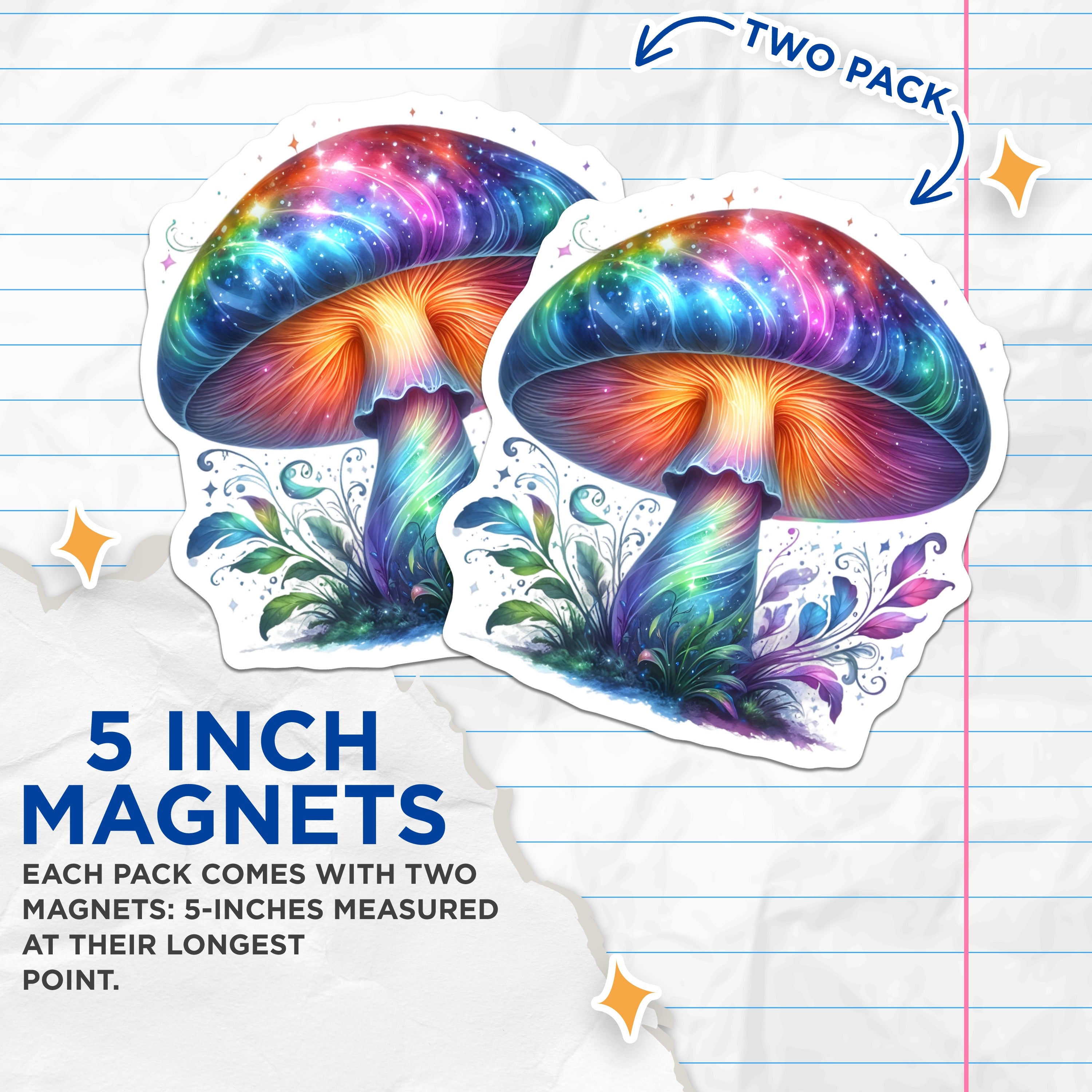 (2 Pack) Rainbow Mushroom Magnets - Celestial Fantasy Decor - Whimsical Nature Lover Aesthetic Art - 5 Inches On Longest Side - Thick Durable Magnet - Made in USA - MAG39956