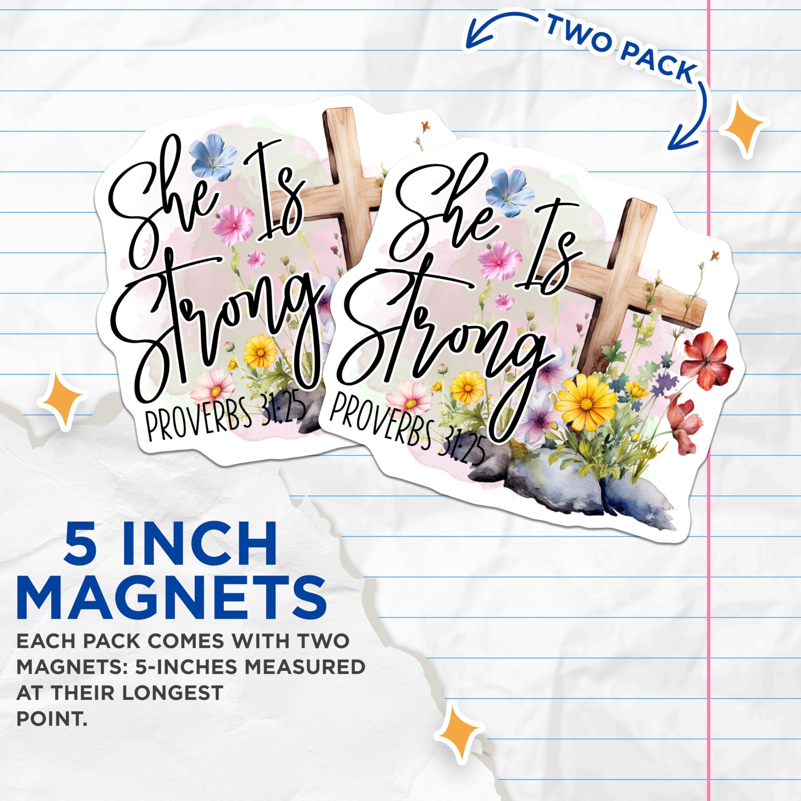 (2 Pack) She is Strong Magnets - Proverbs 31:25 - Inspirational Christian - Flower Cross - 5" On Longest Side - for Cars, Fridges, Toolboxes - Made in USA - MAG4311