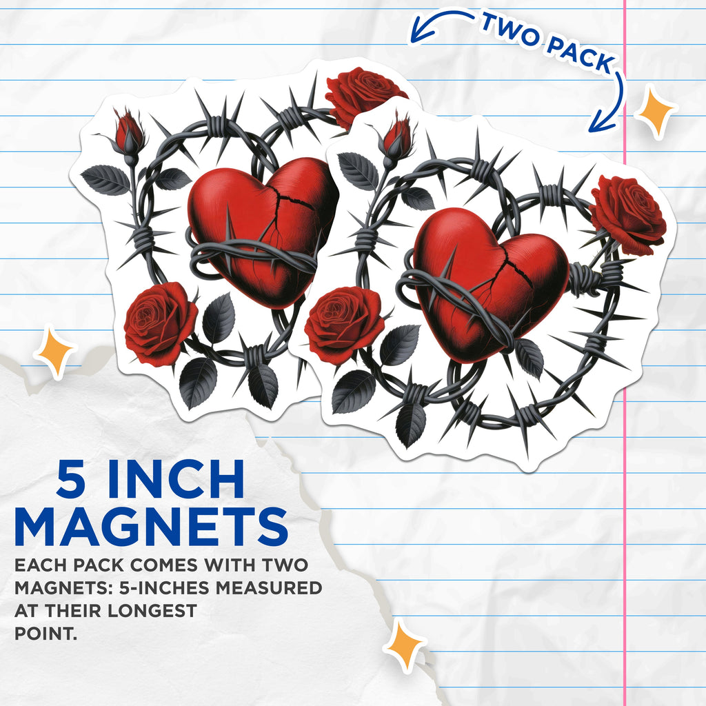 (2 Pack) Broken Heart Barbed Wire Rose Magnets - Gothic Love Symbol - Edgy Romantic Decor - 5 Inches On Longest Side - Thick Durable Magnet - Made in USA - MAG38104