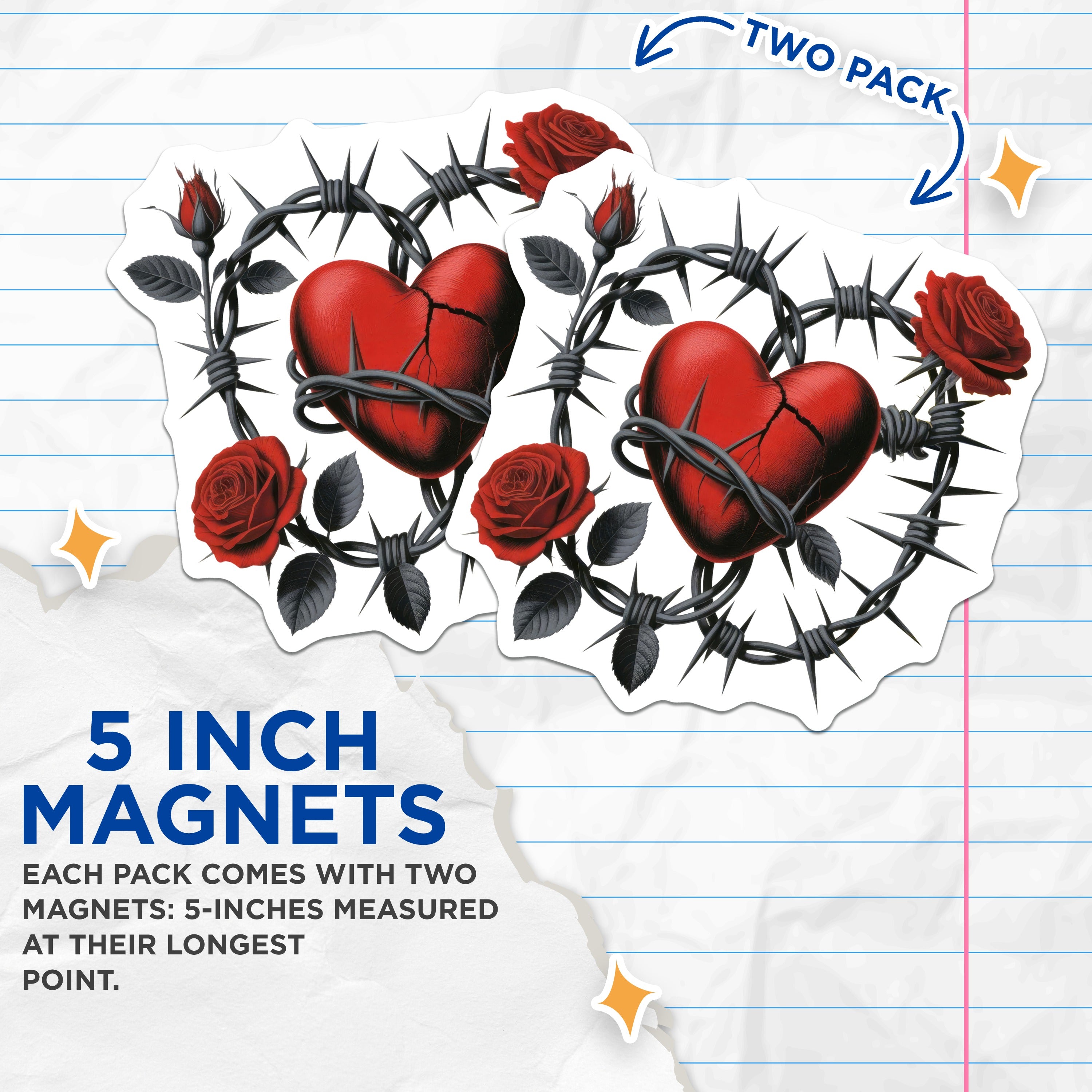 (2 Pack) Broken Heart Barbed Wire Rose Magnets - Gothic Love Symbol - Edgy Romantic Decor - 5 Inches On Longest Side - Thick Durable Magnet - Made in USA - MAG38104