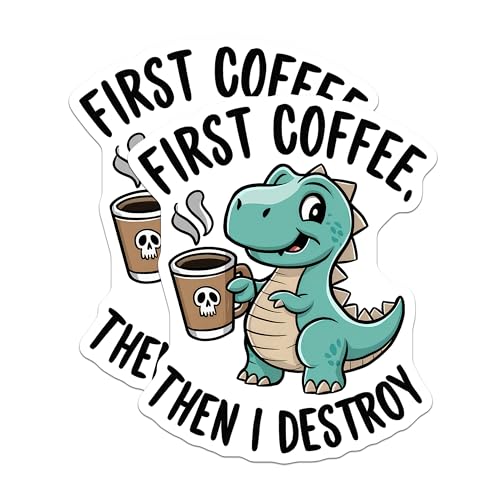 (2 Pack) Dinosaur Coffee Stickers - Cute Dino Decal - Funny Coffee Lover Sticker - 5" On Longest Side - Sticks to Smooth Flat Surfaces - Made in USA - BMCS5578