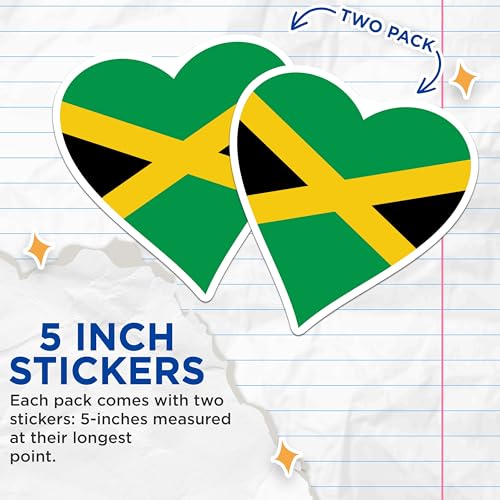 (2 Pack) Jamaican Heart Stickers - Flag Design - Country Love Vinyl Decal - 5" On Longest Side - Sticks to Smooth Flat Surfaces - Made in USA - BMCS6167
