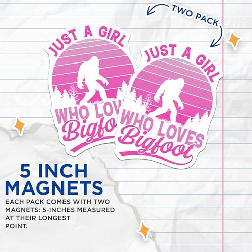 (2 Pack) Bigfoot Lover Magnets - Sasquatch Girl - Pink Sunset Yeti Refrigerator Decor - 5" On Longest Side - Premium Magnet - for Cars, Refrigerators, Toolboxes, Lockers - Made in USA - MAG18586
