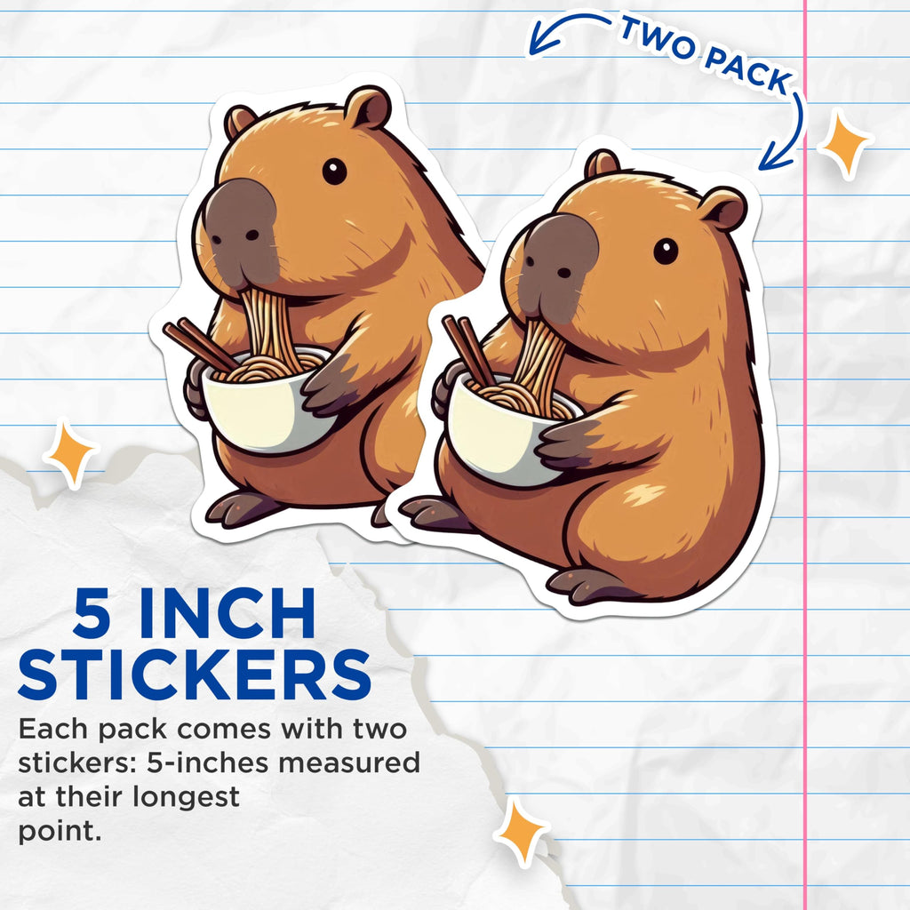 (2 Pack) Capybara Eating Noodles Stickers - Cute Animal Art - Fun Food Design - 5" On Longest Side - Sticks to Smooth Flat Surfaces - Made in USA - BMCS9909