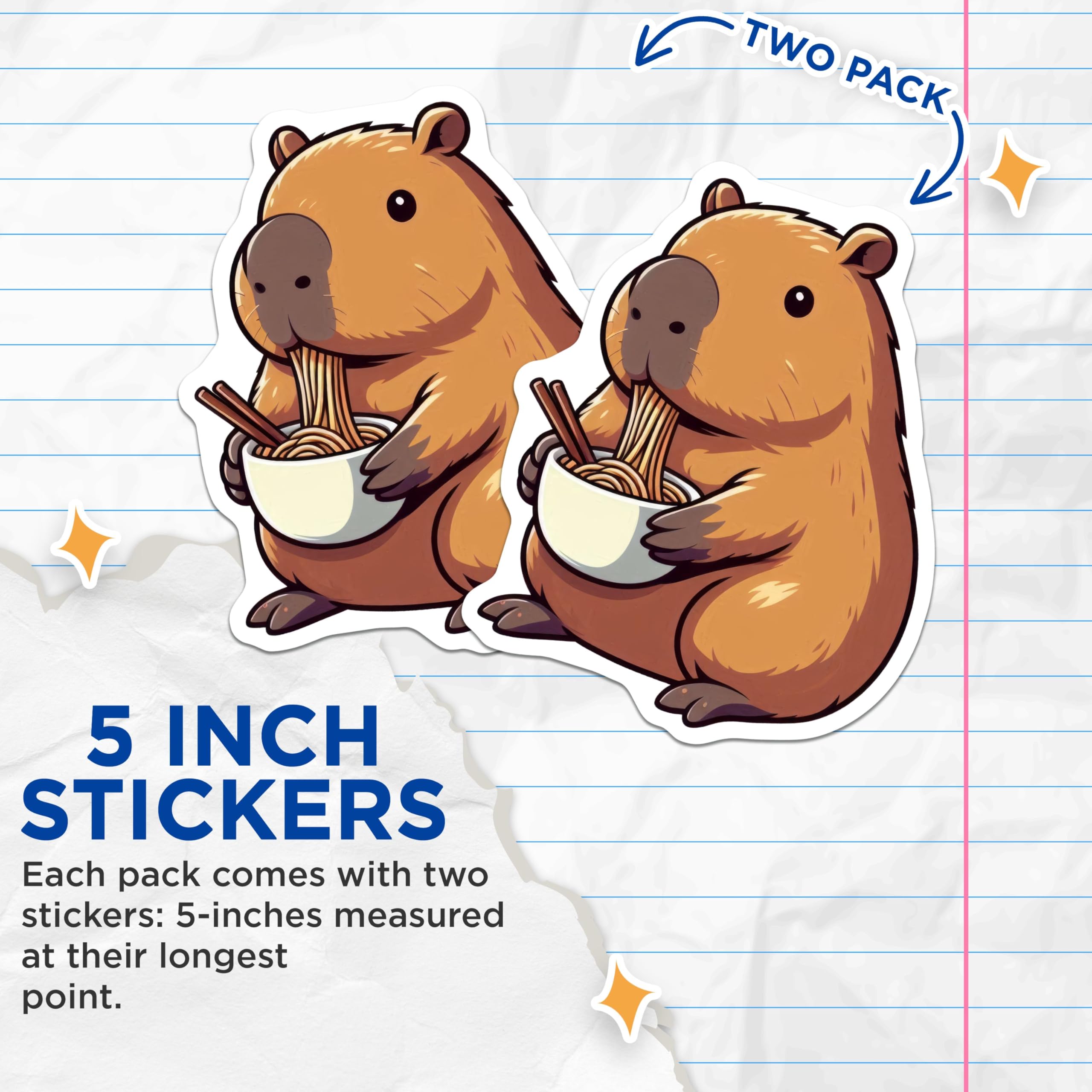 (2 Pack) Capybara Eating Noodles Stickers - Cute Animal Art - Fun Food Design - 5" On Longest Side - Sticks to Smooth Flat Surfaces - Made in USA - BMCS9909