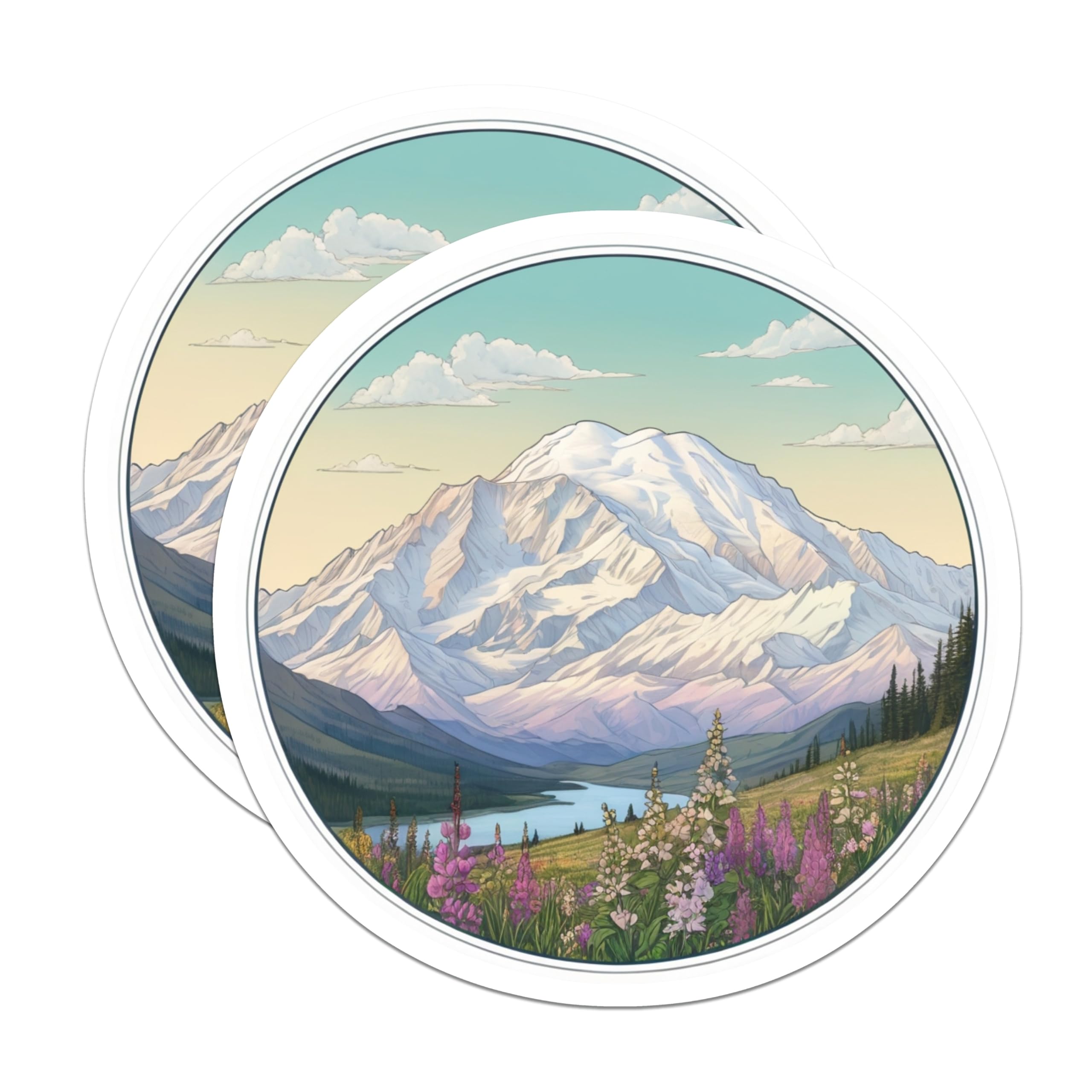 (2 Pack) Mountain Scene Magnets - Wildflower Meadow Decor - Scenic Alaska Artwork - 5" On Longest Side - Premium Magnet - for Cars, Refrigerators, Toolboxes, Lockers - Made in USA - MAG18682