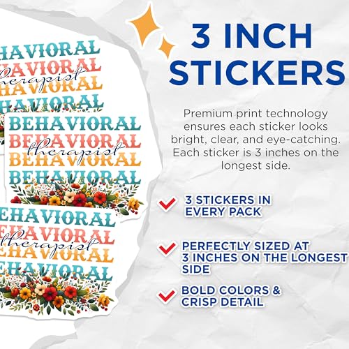 (3 Pack) Behavioral Therapist Decals - Floral Psychotherapy - Mental Health Counseling - 3 Inches On Longest Side - Easy Peel & Apply - Made in USA - 3MCS1953