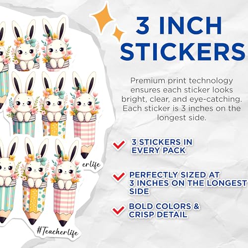 (3 Pack) Teacher Life Decals - Bunny Pencil Decals - Laptop Decor - 3 Inches On Longest Side - Easy Peel & Apply - Made in USA - 3MCS6916