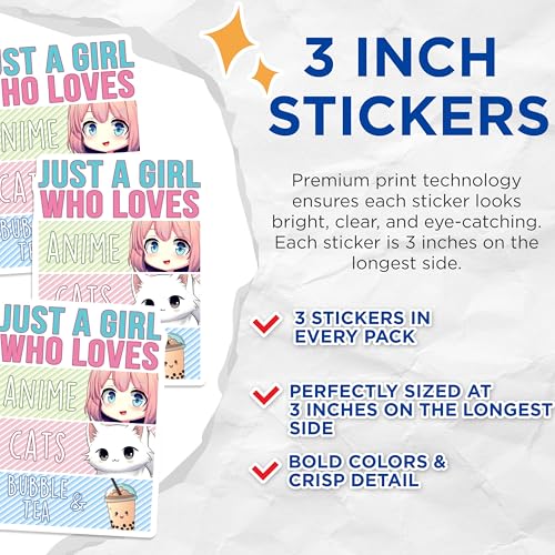 (3 Pack) Anime Cats Bubble Tea Decals - Laptop Decal - Kawaii Sticker - 3 Inches On Longest Side - Easy Peel & Apply - Made in USA - 3MCS6525