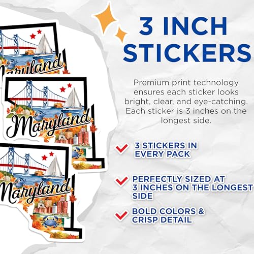 (3 Pack) Maryland Decals - State Pride - Laptop Decals- 3 Inches On Longest Side - Easy Peel & Apply - Made in USA - 3MCS5051