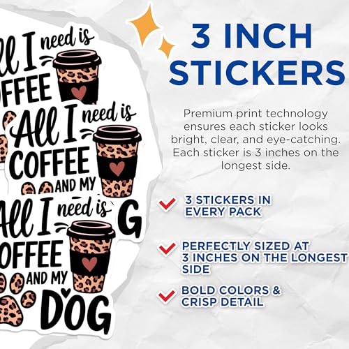 (3 Pack) Coffee Dog Decals - Leopard Paw Prints - Laptop Decals- 3 Inches On Longest Side - Easy Peel & Apply - Made in USA - 3MCS5855