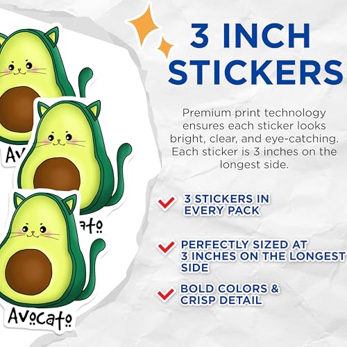 (3 Pack) Avocato Decals - Avocado Cat - Funny Foodie Decals - 3 Inches On Longest Side - Easy Peel & Apply - Made in USA - 3MCS8230