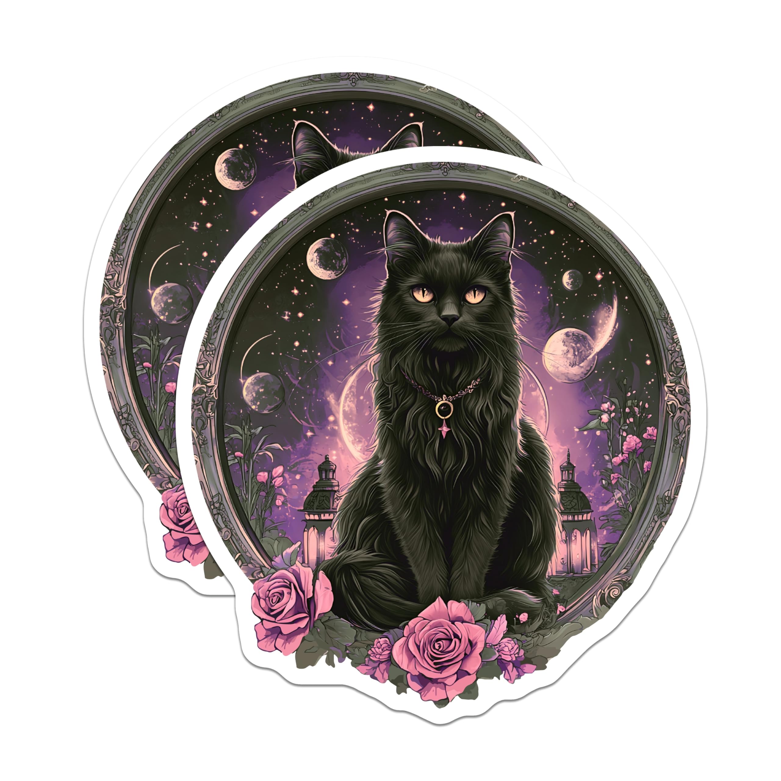 (2 Pack) Black Cat Magnets - Celestial Feline - Cosmic Kitty Decor - 5" On Longest Side - Premium Magnet - for Cars, Refrigerators, Toolboxes, Lockers - Made in USA - MAG16882
