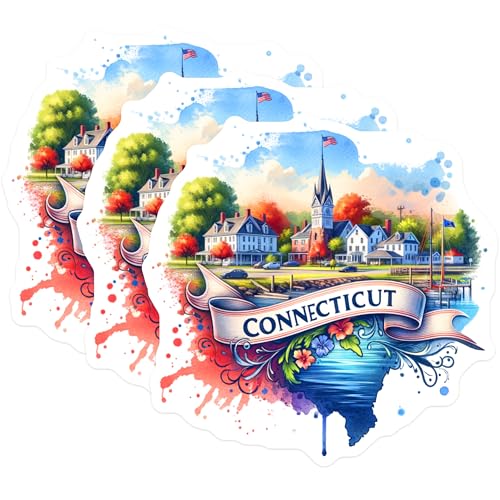 (3 Pack) Connecticut Decals - Watercolor State Art - Laptop Decals- 3 Inches On Longest Side - Easy Peel & Apply - Made in USA - 3MCS5571